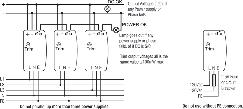 Figure 2. Connecting up to three REDIN power supplies.
